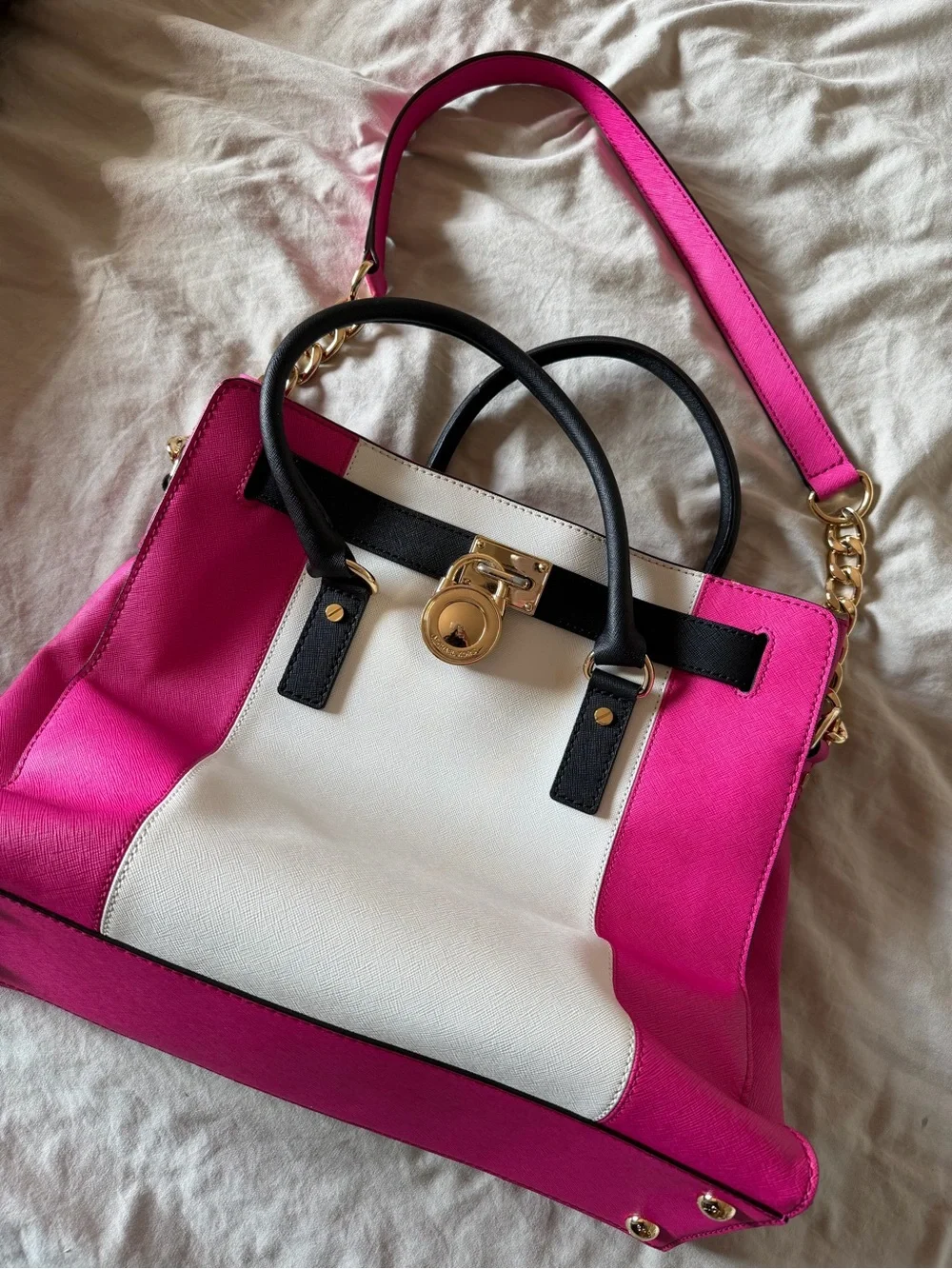 Women's Pink and White Colorblock Satchel Tote